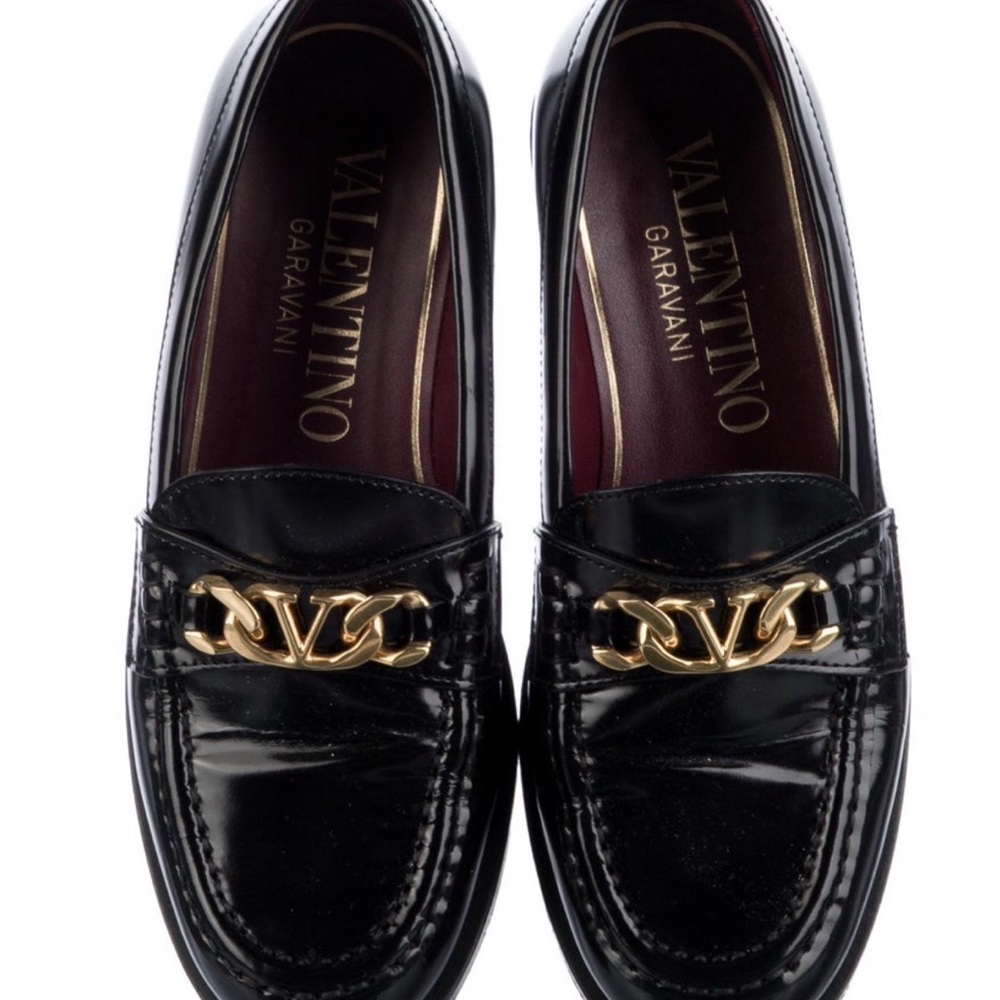 Valentino Garavani Black Patent Leather Loafers with Gold Logo Chain